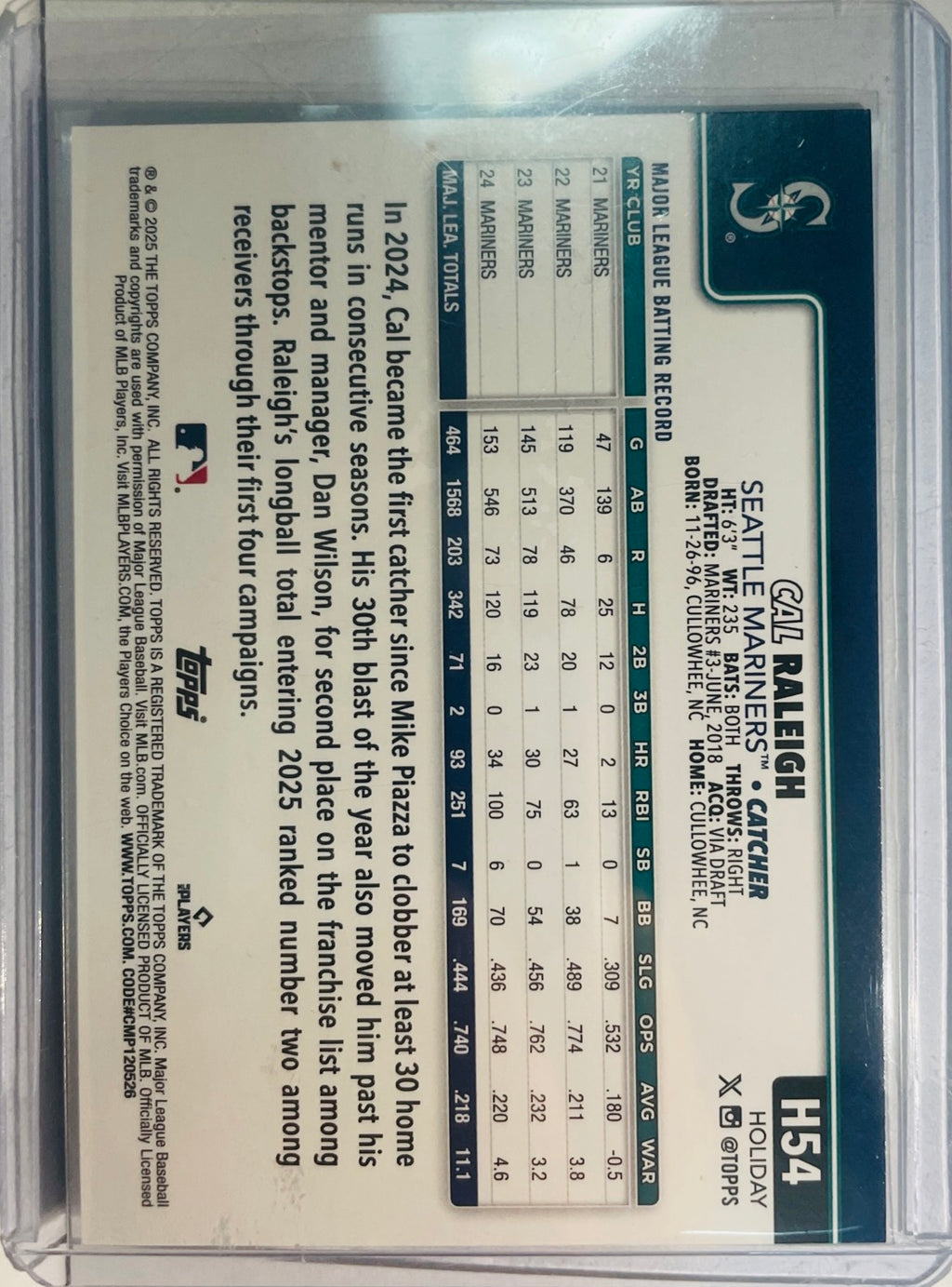 2025 Topps Holiday - Cal Raleigh #H54 Holiday Blue Metallic Glitter